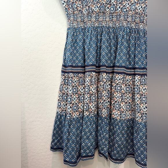 PHOOL | Plus Size Boho Blue Orange Geometric Print Midi Dress | Size 1X - Picture 3 of 5